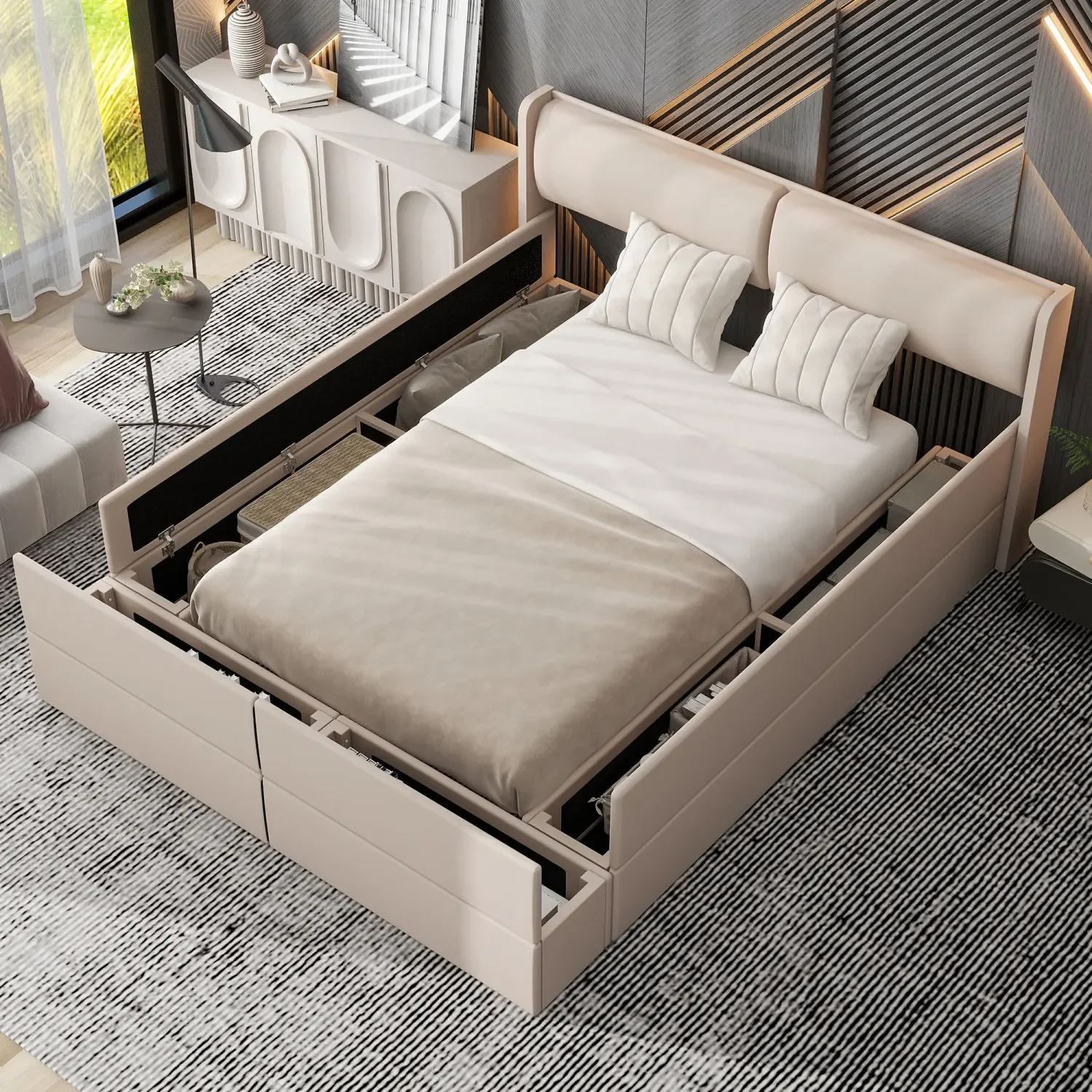 

Beige Upholstered Queen Size Storage Platform Bed with Ample Storage Space on both Sides and Footboard for a Luxurious Bedroom U