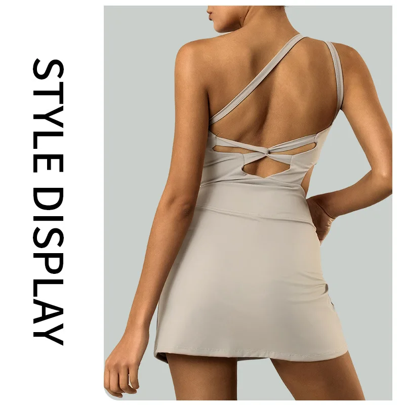 Women Dress Sports Clothing Tennis Dress Shorts Chest Pads Sexy One Shoulder Straps Stretchy Golf Badminton Skorts Yoga Suits
