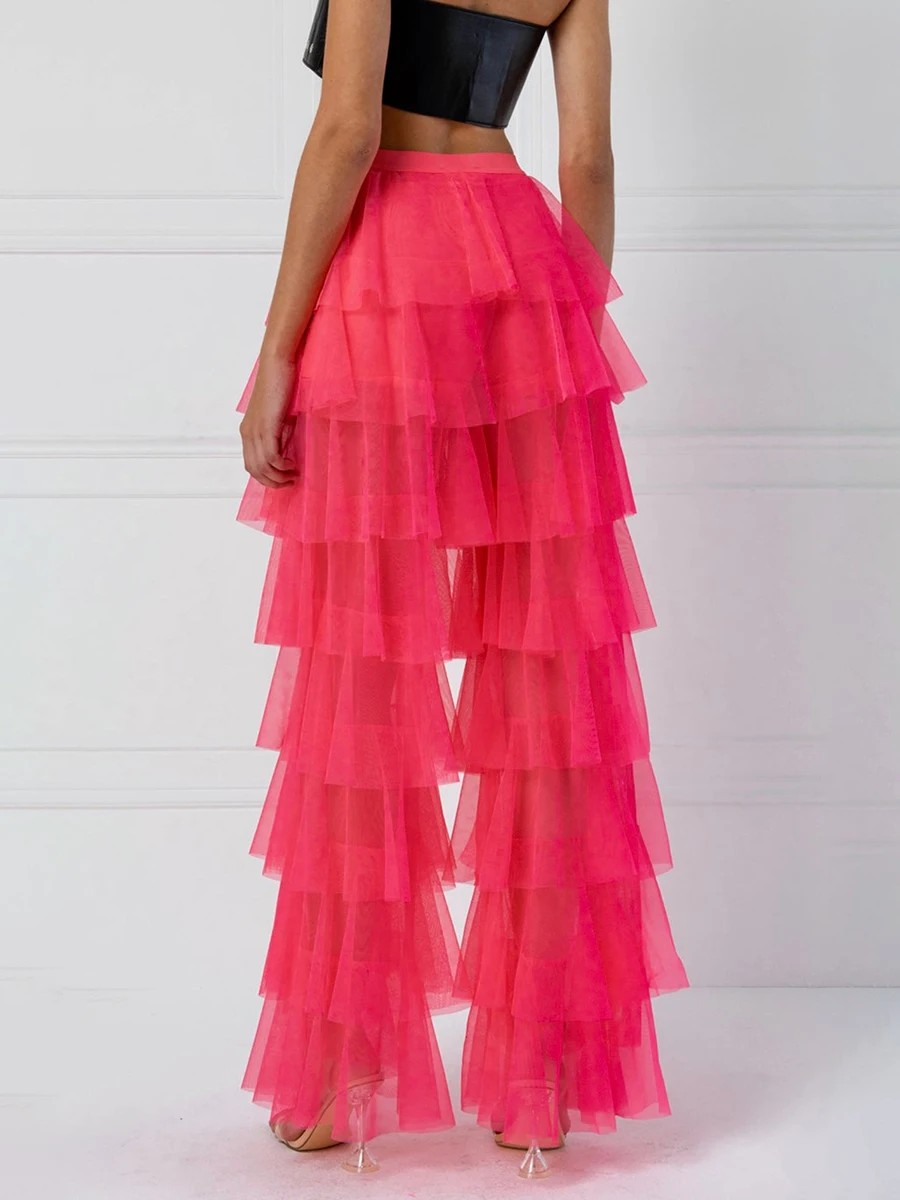 

Y2K - Pantalones de malla de tul de cintura alta para mujer pantalones casuales de gasa sólida con múltiples capas de hilo