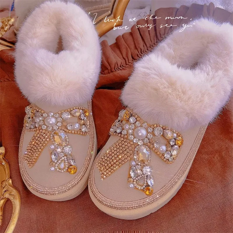 

Женские ботинки из лисьего меха, зимние теплые флисовые ботинки ручной работы с искусственным жемчугом, Размеры 35-40