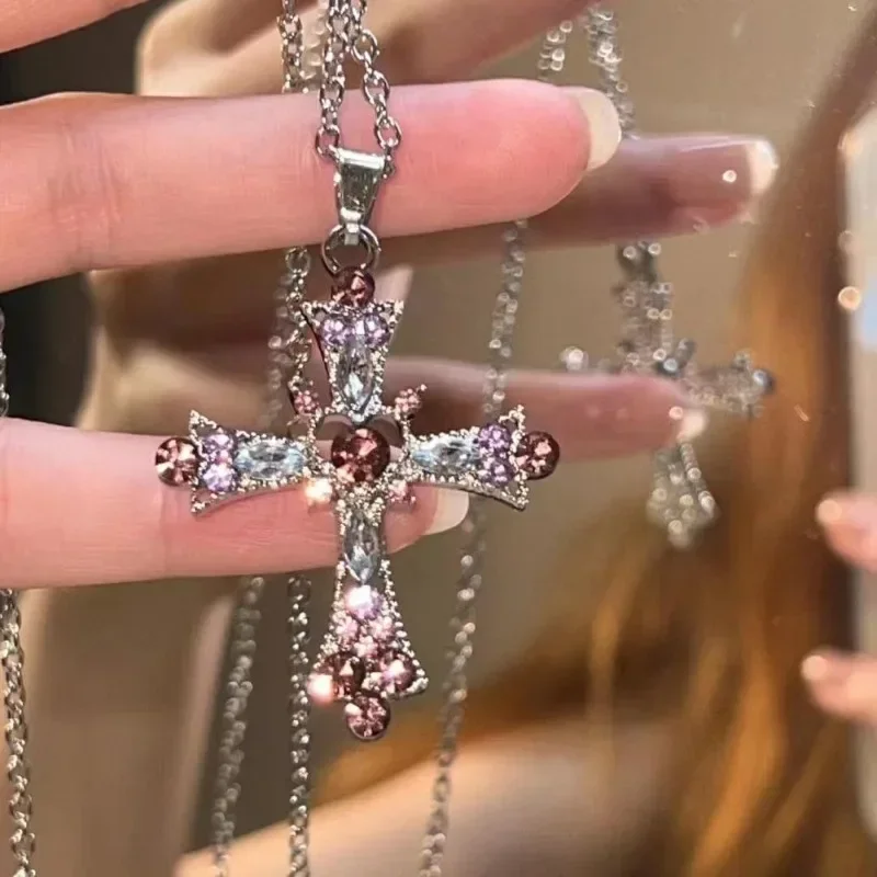 Shiny Crystal Cross Pendant Necklace - Chic Punk Fashion Jewelry