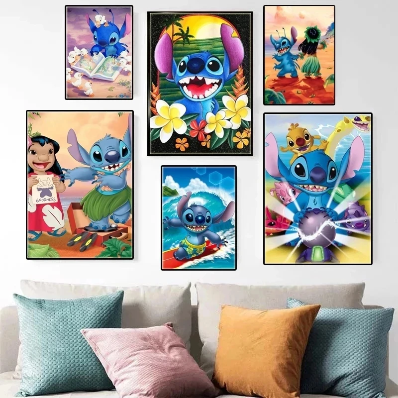 

Disney White Kraft Paper Lilo Stitch Wall Art Movie HD Printed Cute Cartoon Poster Home Decoration Modular Pictures Living Room