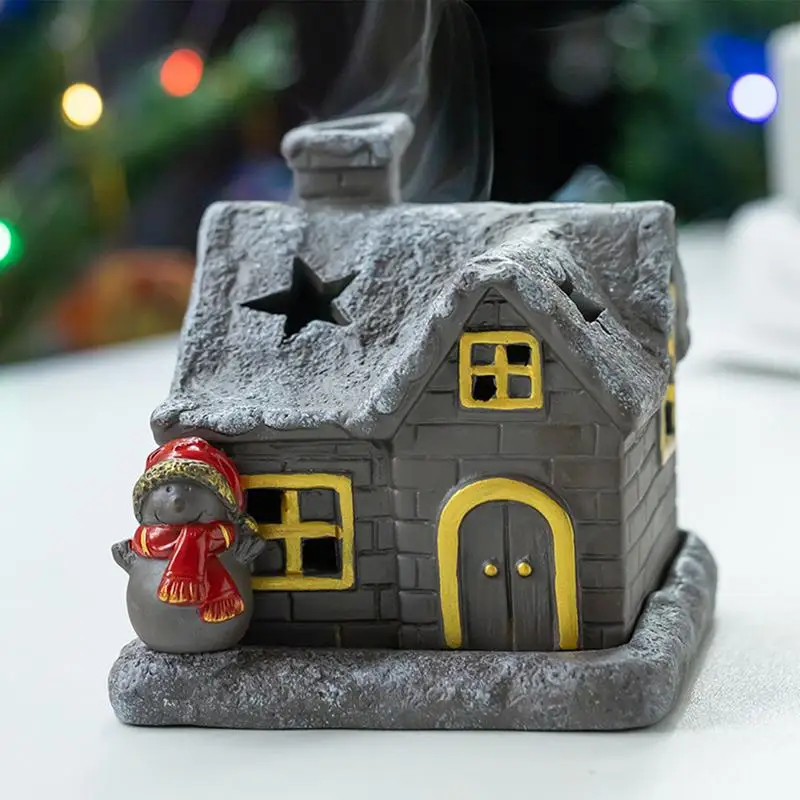 

Christmas Village Light Up House Backflow Incense Holder Resin Christmas Snowy Town With Xmas Tree And Snowman Holiday Tablet