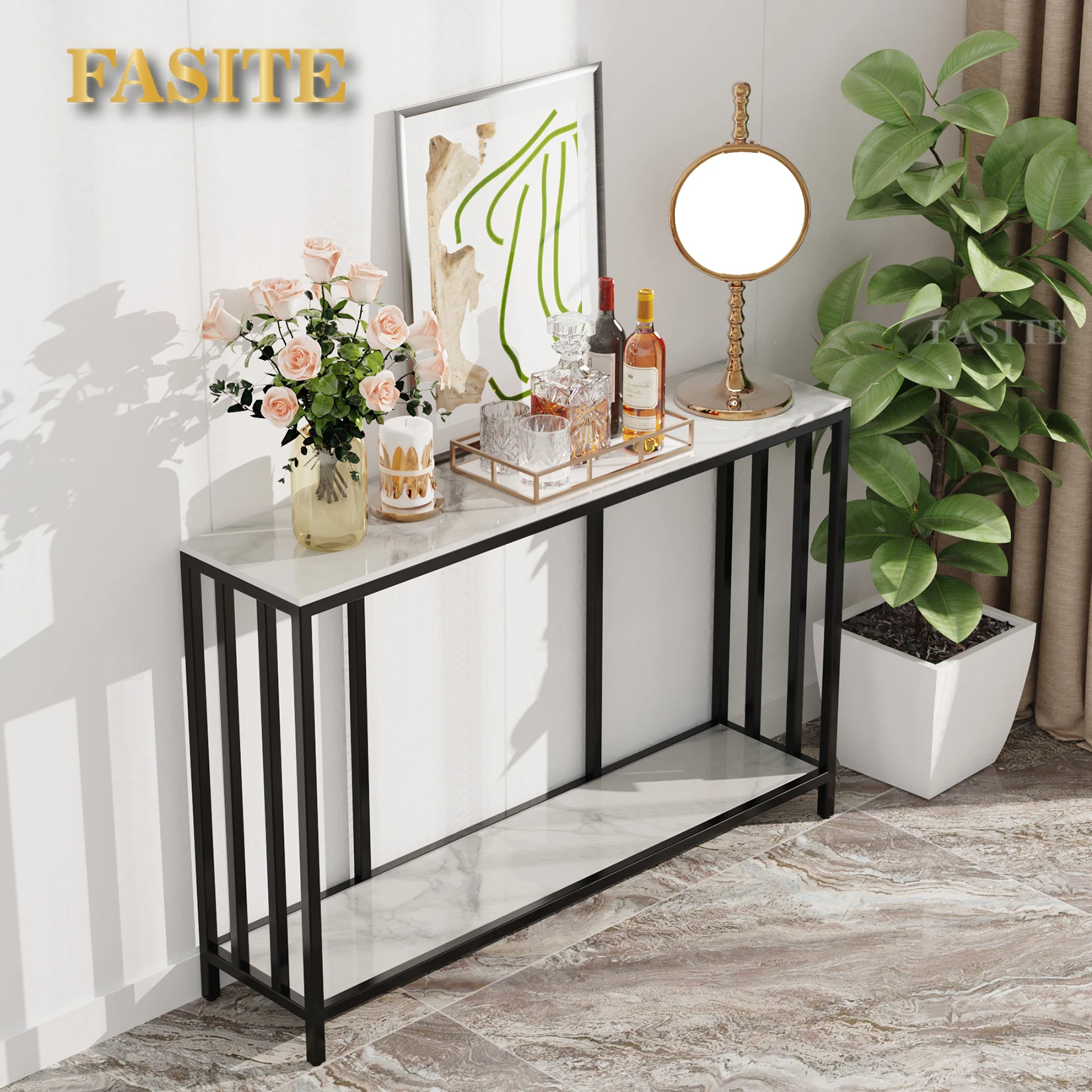 Description Picture 4 of item47.2” Long Modern Console Table, Sintered Stone Entryway Table, Narrow Table Sofa Table with Metal Base, Entry Table Foyer