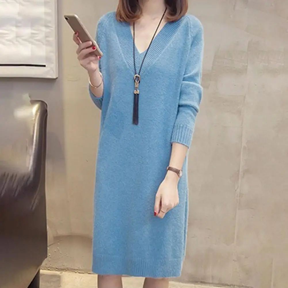 

Women Long Sweater Cozy V-neck Sweater Dress for Women Thick Knitted Warm Midi Pullover Soft Loose Fall Winter Knitwear Loose