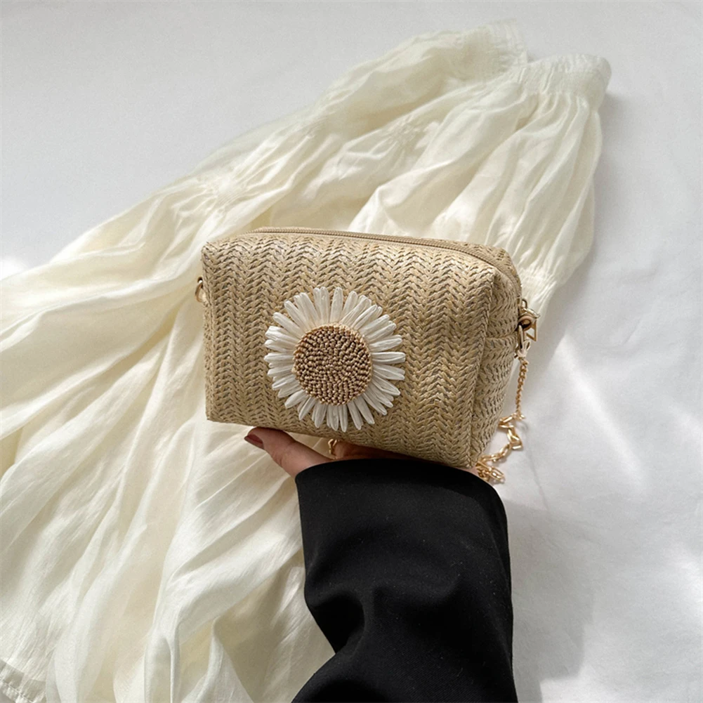 Round Straw-Like Bag with Daisies, for Girls Sandy Beige