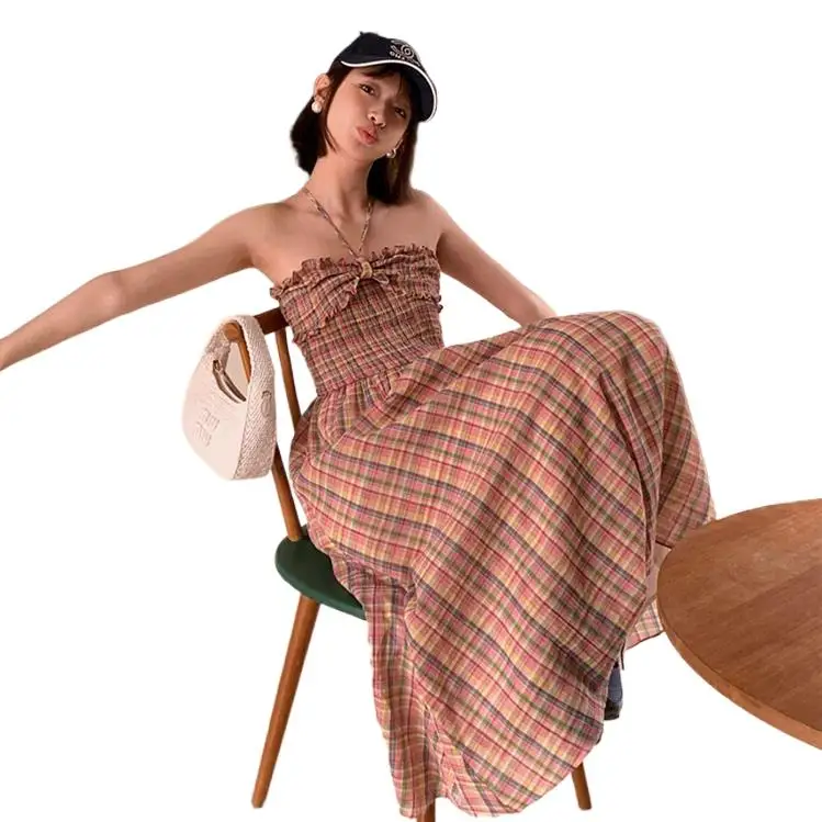 

Женское длинное Хлопковое платье в клетку, элегантное привлекательное приталенное винтажное платье в стиле девушки из леса, приталенное платье с воротником и милым бантом, лето