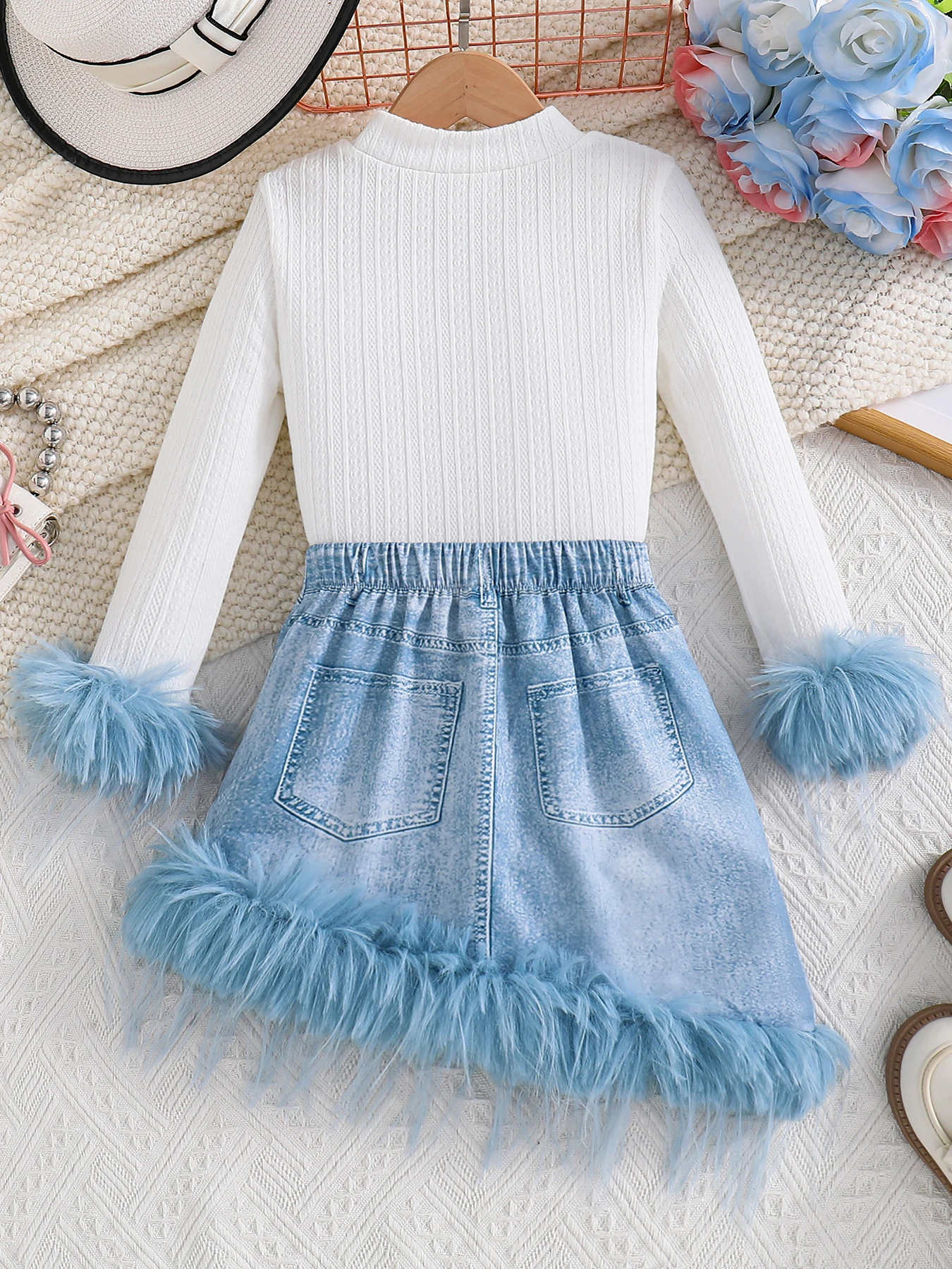 Girls White Knitted Top & Blue Pants Set 2