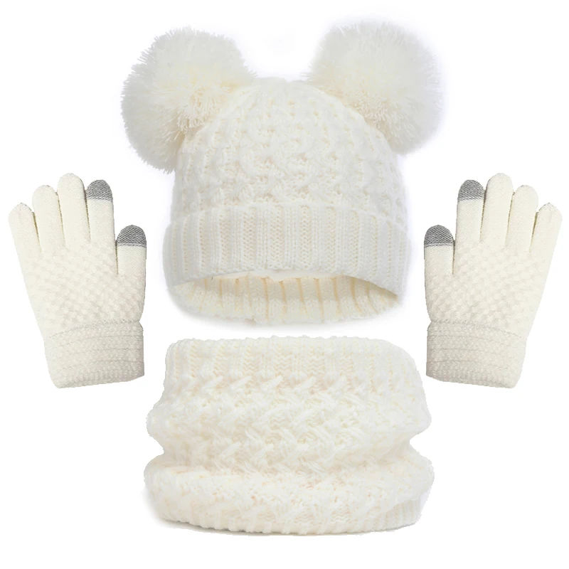 Imitation Cashmere Winter Baby Hat Gloves Scarf Set Fleece Warmer Scarves Thick Knitting Hats Boy Girl Cute Pompom Kids Beanie 2