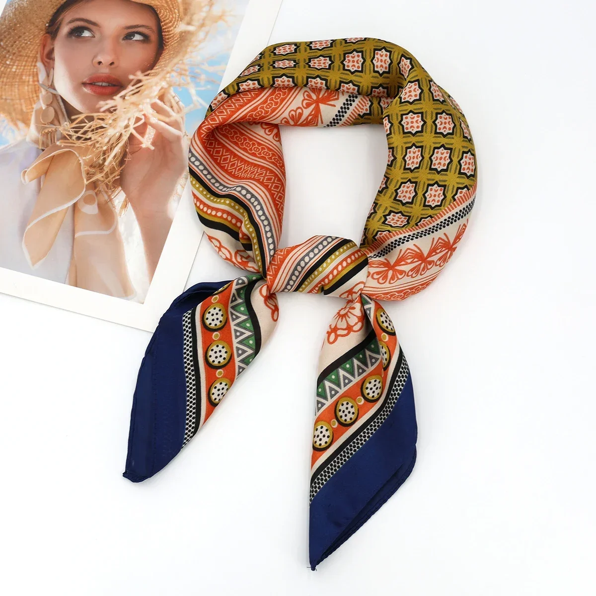 Retro Polka Dot Montage Silk Square Scarf Women Soft Satin Hairband Neckerchief Hijab Lady Headband Foulard Bag Ribbons Kerchief 4