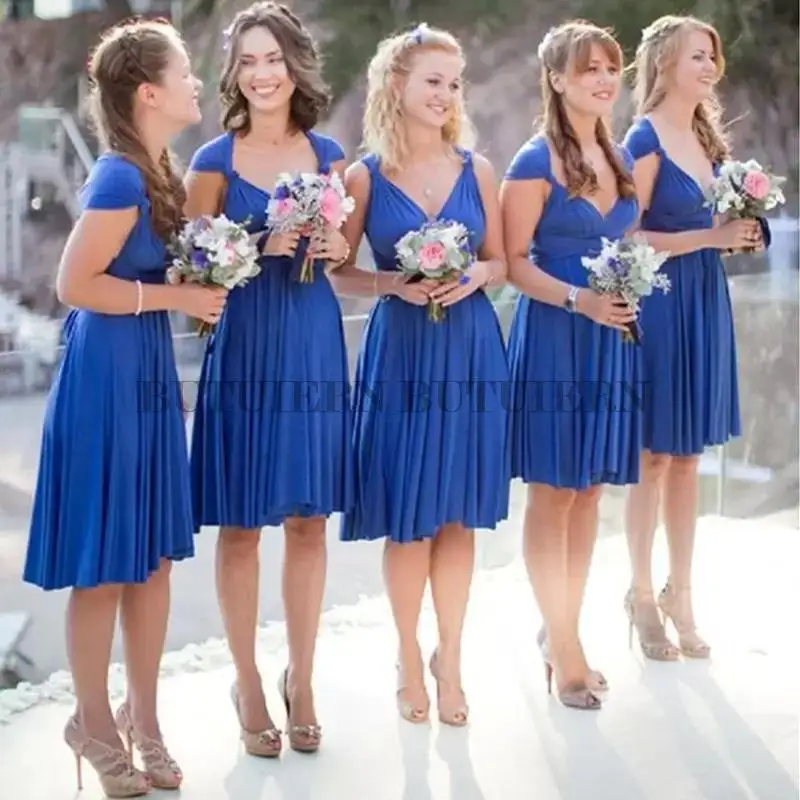 

Royal Blue Plus Size Short Bridesmaid Dresses Ruched Knee Length Straps Custom Made Maid of Honor Gown