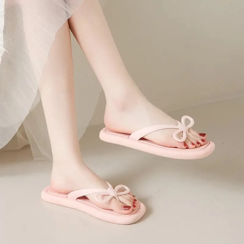 Cute Bowknot Flip Flops Ladies Fashion Outwear Bathroom Slippers Outdoor Beach Slippers Indoor Casual Comfortable Slippers