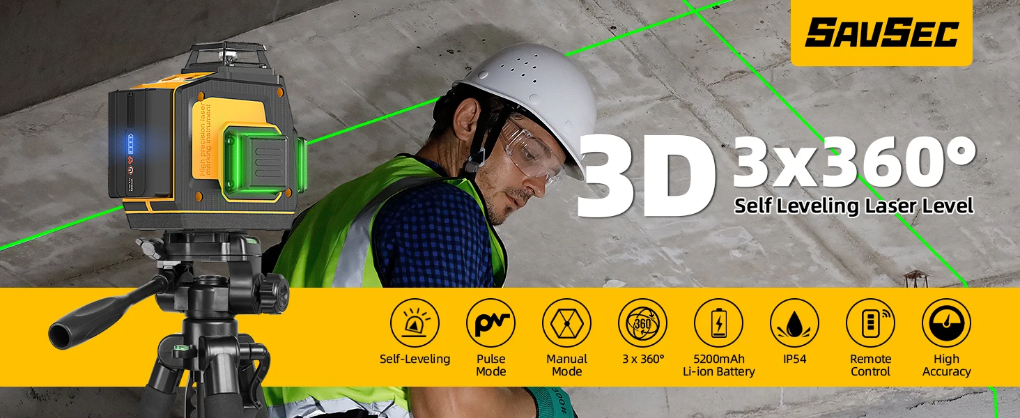 Laser Level 360° Self Leveling  3D 12 Lines Green Laser Cross Line with Remote C
