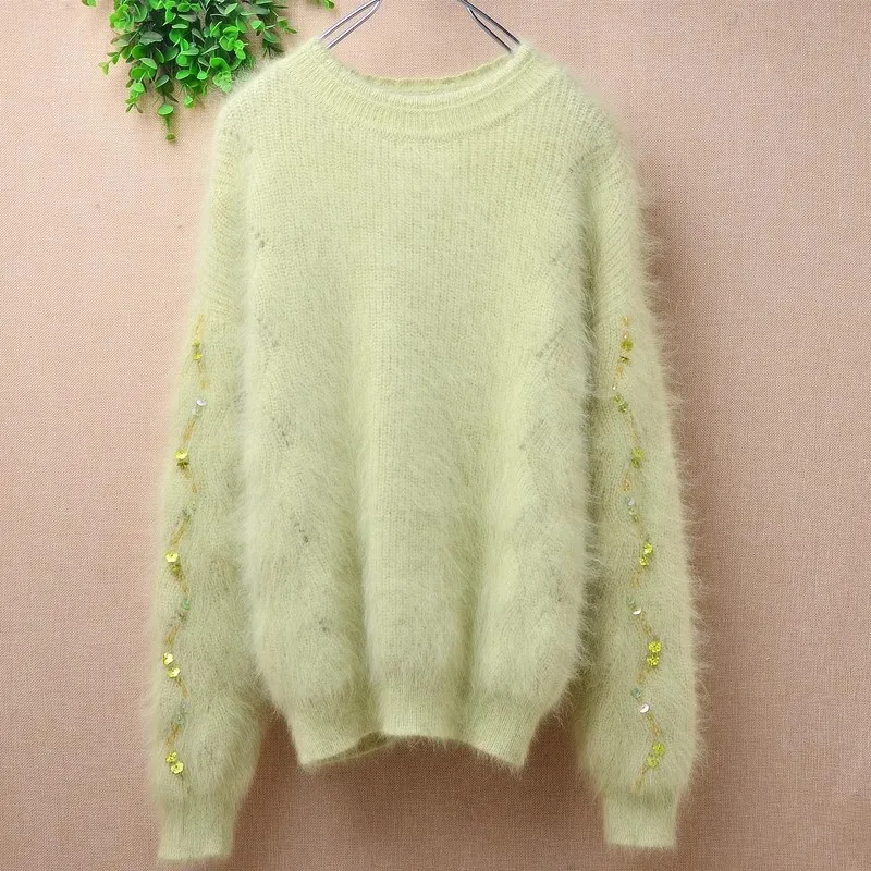 

Female Women Spring Winter Clothing Green Beading Hairy Angora Rabbit Hair Knitted O-Neck Slim Blouses Pullover Jumper Sweater