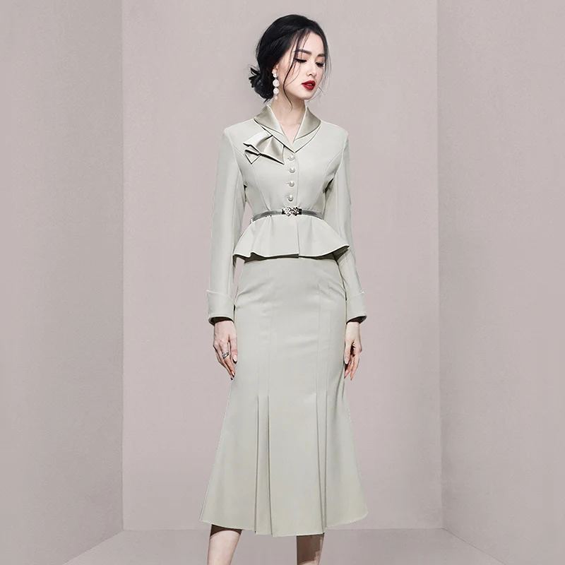 

Women Autumn Winter Work Wear 2 Pieces Set Korean Single-Breasted Long Sleeve BeltSlim Top+Mermaid Bodycon Skirt Office Suit