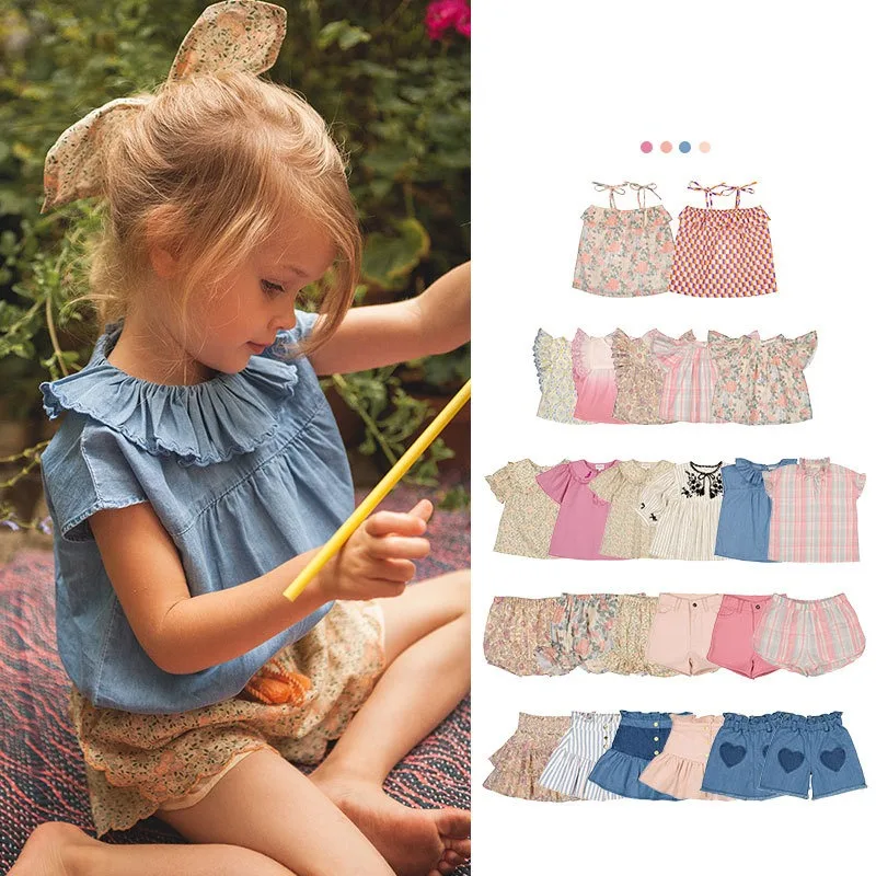 Children's Suits 2024 Summer Lou Series Girls Pure Cotton Suspender Tops Baby Sweet Pastoral Style Skirt Suit