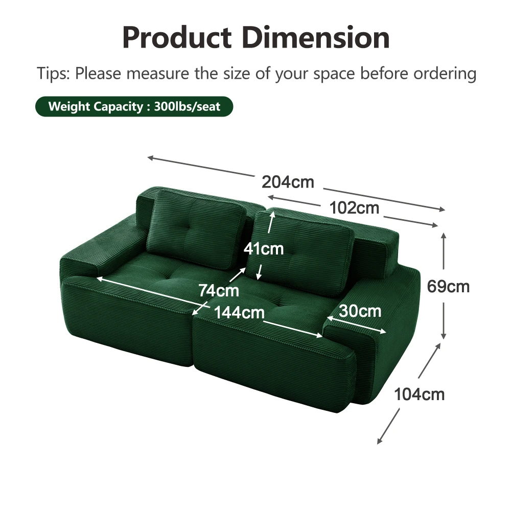 Modernes Cord-Cloud-Sofa – Knochenloses Modulares Zweisitzer-Sofa mit Tiefem Sitz für Wohnzimmer Erhältlich in Grün Braun Champagner Schwarz – Detail 31