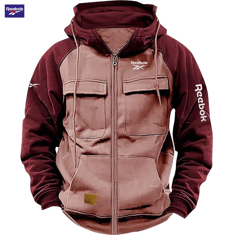 2026 Reebok New Autumn-Winter Men's Hooded Patchwork Casual Sweatshirt, Loose-Fit Fashionable Youth Multi-Pocket Padded Hoodie