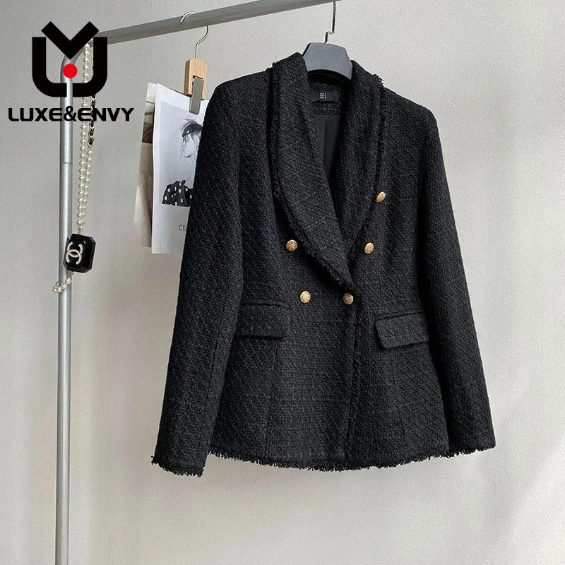 

LUXE&ENVY Small Fragrance Waist Closing Blazer For Women New Spring Casual Woolen Black Medium Long Slim Korean Top 2023 Autumn