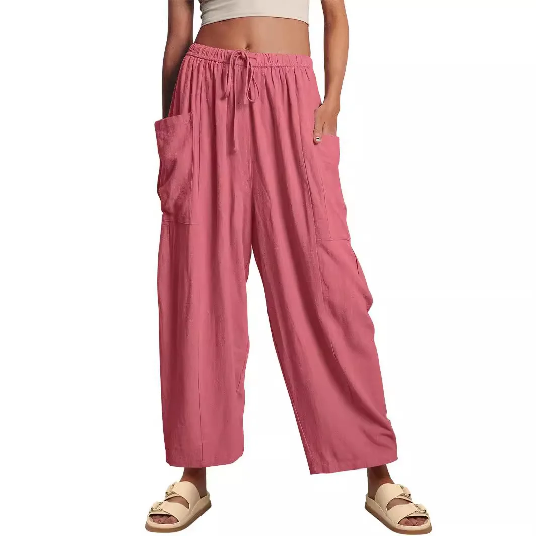 Women's Elastic Waist Fold High Waist Wide Leg Pants Loose Casual Cotton Hemp Long