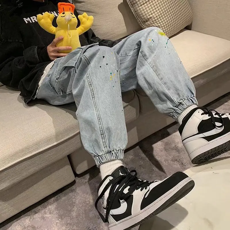 Denim Cargo Pants Men\'s Loose Paint Dot Jeans with Pockets Stretch Waist Denim Jeans for Men Baggy Jeans Goth Clothes Streetwear