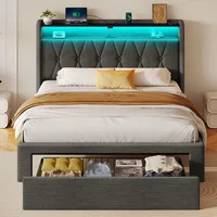 Twin Bed Frame with Drawer, Storage Headboard,Upholstered Bed with Heavy Duty Wood Slats,Noise Free, Easy Assembly, Dark Grey 1