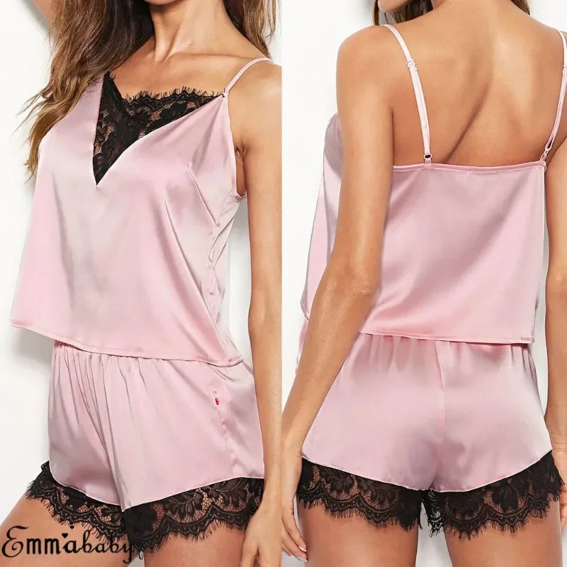 Women Ice Silk Pajamas Sleepwear Pajama Set Nightgowns Nightdress Camisole Shorts Black Red L XL Lace Casual Sexy Smooth 파자마