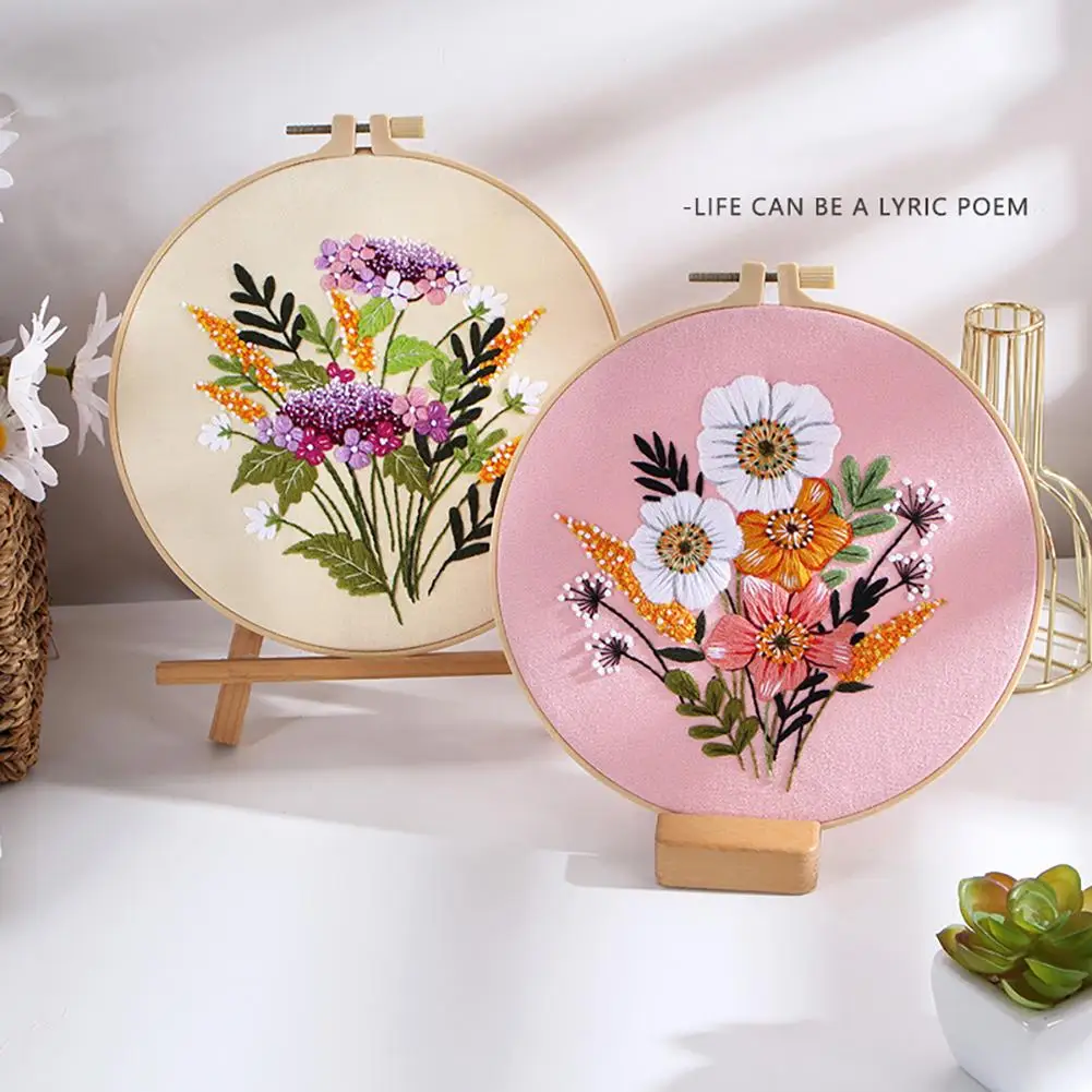 Embroidery Kits Beginners Hand Embroidery Colorful Flower Plant Diy Hoops Needles Threads Punch Needle