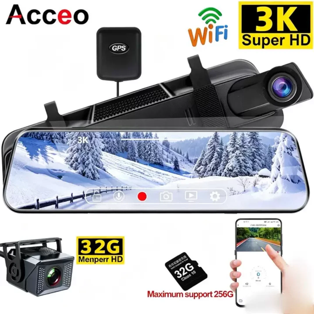 아세오 3K 미러형 블랙박스 WiFi GPS 듀얼 렌즈 전후방 차량용 DVR 10인치 터치스크린 야간 시야 주차 모니터링 루프 녹화 256G