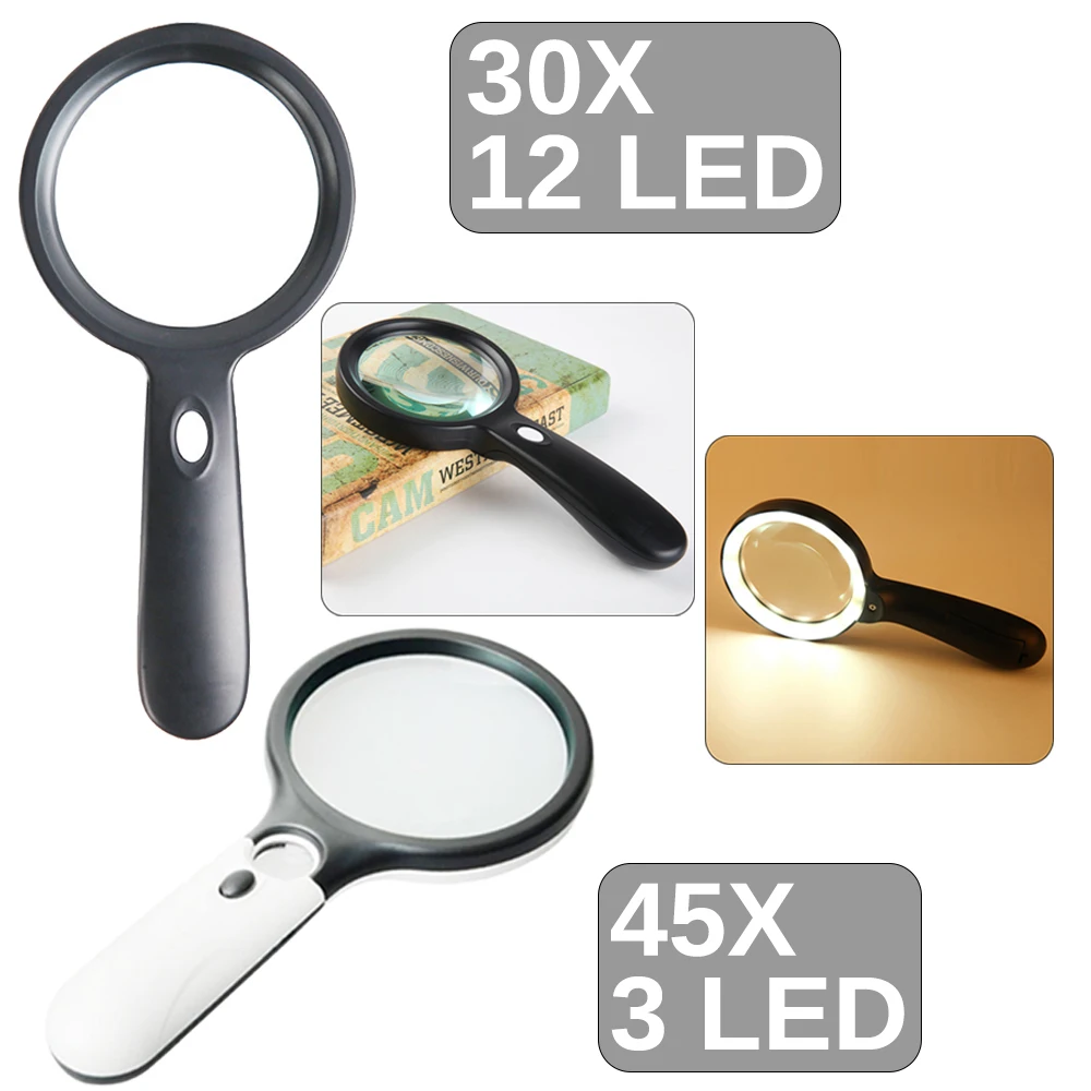 Hand held Reading Magnifying Glasses 30X with 12 LED Illuminated Light for Seniors Repair Coins