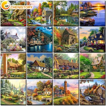 Città Pittura a olio fai da te con i numeri Paesaggio con i numeri Vernice acrilica Immagini moderne di arte della parete Tela dipinta a mano per la decorazione domestica 1