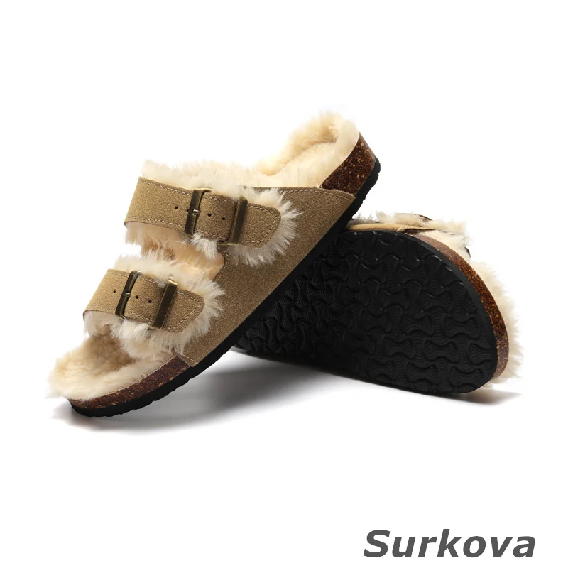 

Women's Fashion Slippers Plush Cork Leisure Slippers Warm Short Plush Flat Bottom Word Half Slippers Comfortable Round Toe Solid