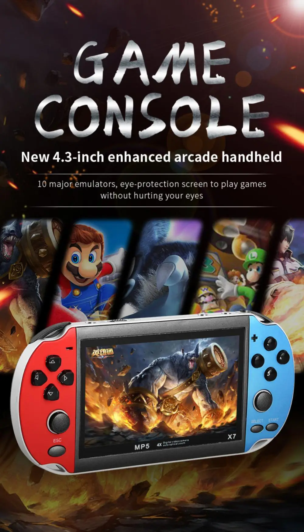 Handheld Game Console 4.3inch Display 128bit Nostalgic 8G Double-rocker Classic Game Retro Mini Handheld MP5 Video Game Console