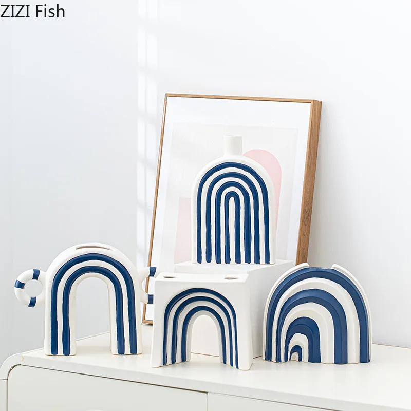 Blue and White Stripes Ceramic Vase Desk Decoration Artificial Flower Decorative Flower Arrangement Vases Room Aesthetic Decor 5