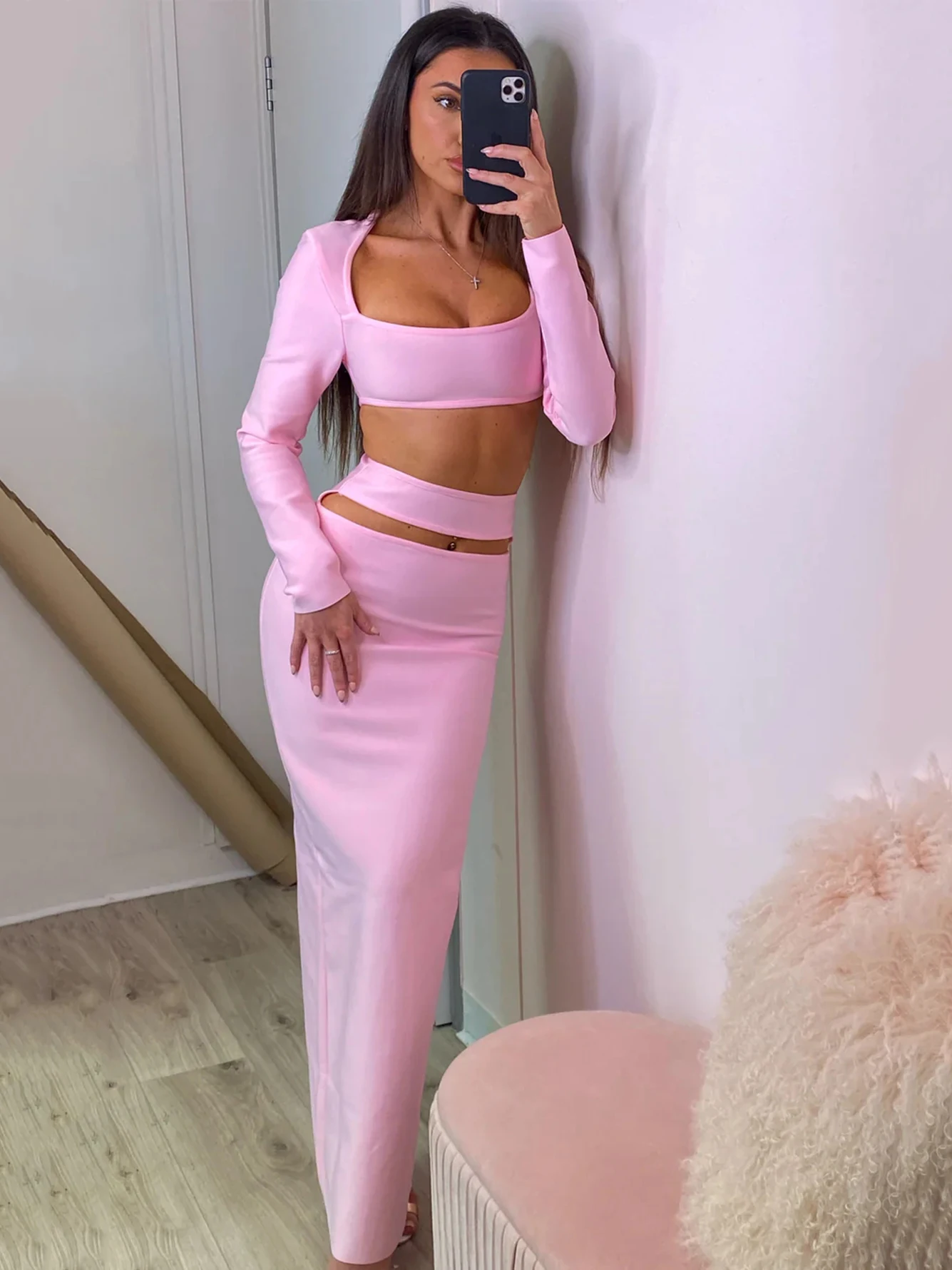 High Quality Red Sexy Long Sleeve Jacket+High Waist Flare Pants Set Women'S  2023 New Hollow Fashion High Street 2 Two-Piece Set