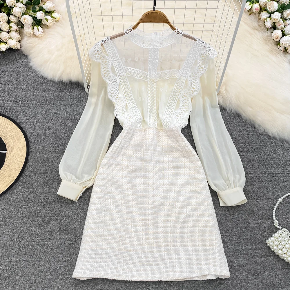 

Платье Foamlina женское твидовое, элегантное модное прозрачное Сетчатое кружевное приталенное короткое ТРАПЕЦИЕВИДНОЕ, с круглым вырезом и длинным рукавом, на весну