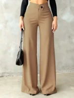 Women's Solid Black Casual Elegant Straight-Leg Pants Back to School Asymmetrical V-Shaped Waistline Accentuates Curves - Image 4