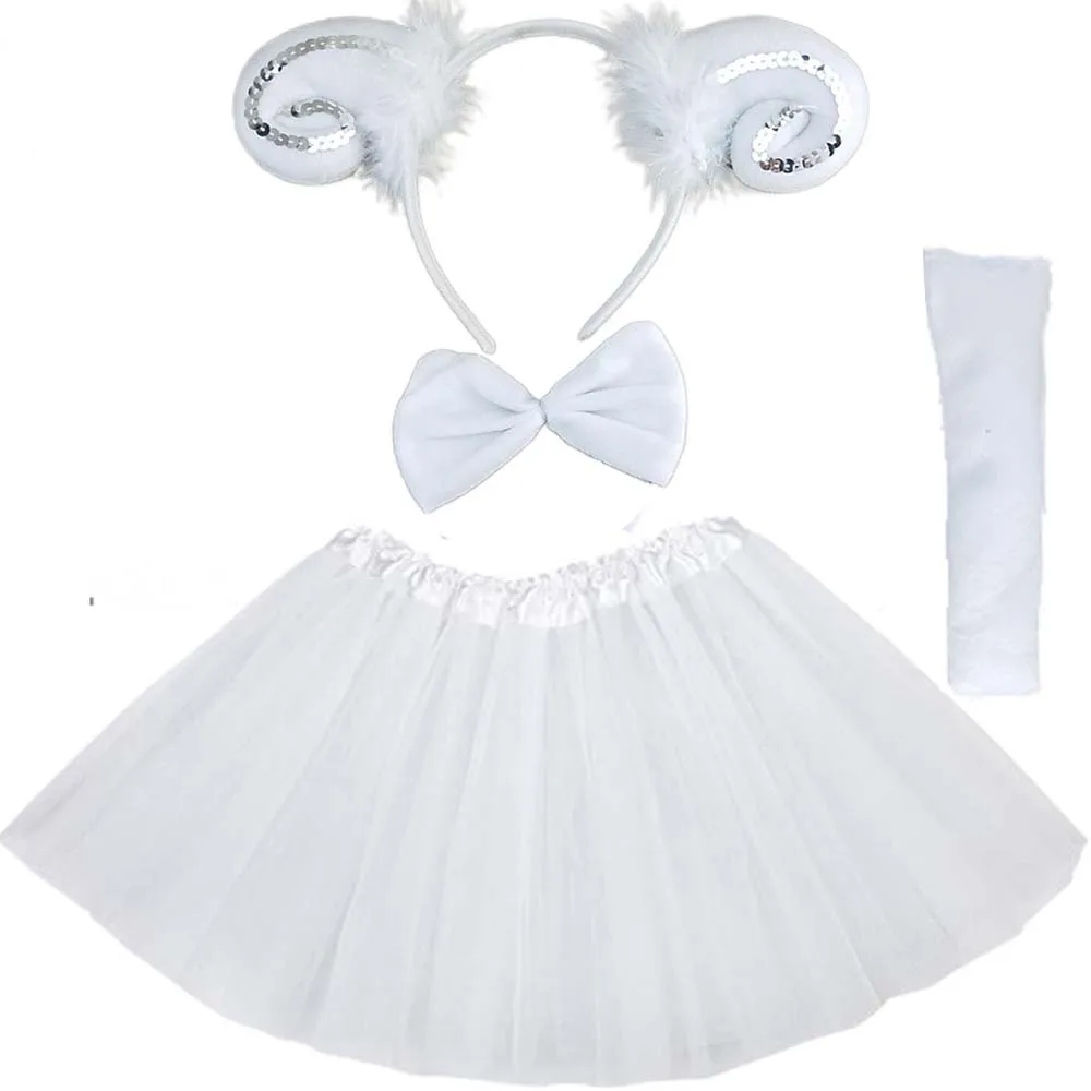 Women Girl Kids Goat Sheep Headband Tail Tie Skirt Tutu Animal Party Birthday Halloween Costume Cosplay