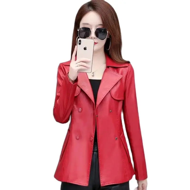 

2022 Spring Autumn Style Locomotive Women Female Jacket Double Breasted Ladies Trench Coat Slim Fit Short Leather Coat Female