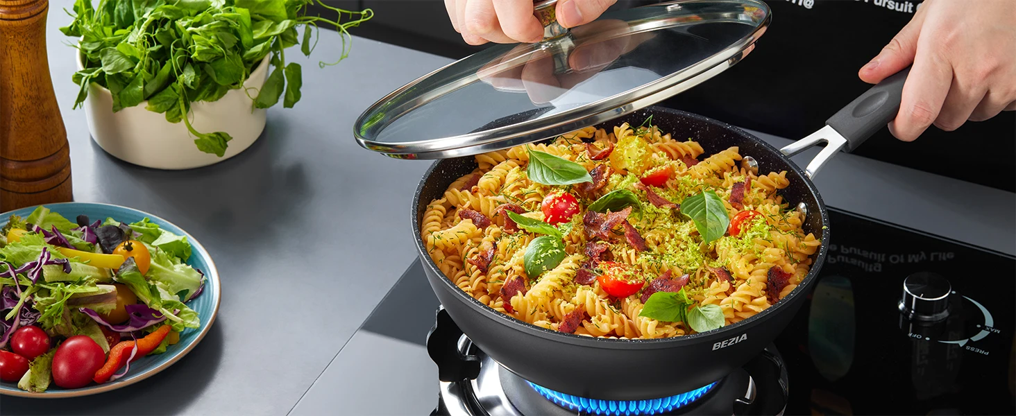 Description Picture 4 of itemInduction Hob Pan Set 10-Piece, Pots and Pans Set Non-Stick, Induction Cookware Set with Anti-Scald Silicone Handles & Lids, Ov