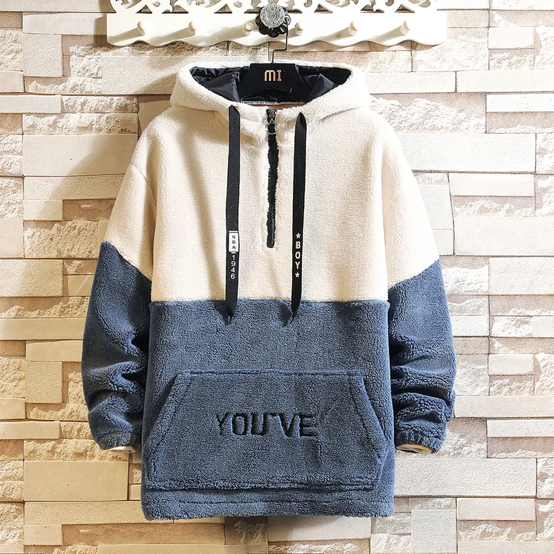

Thick Lamb Wool Teddy Hoodies Men Autumn Winter Hooded Hoodies Windproof Hip Hop Hoodies Men Fashion Clothing Tops