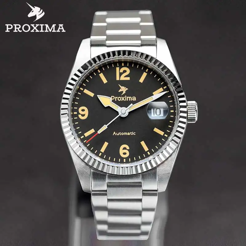 

Proxima 39mm Men Automatic Mechanical Watch Luxury PT5000 SW200 Stainless Steel Carving Bezel Sapphire 20Bar Retro BGW-9 Lume