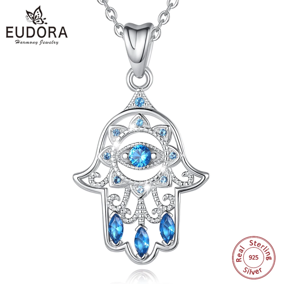EUDORA-collar Con Colgante De Mano De Hamsa Para Mujer, Plata De Ley 925, Mal De Ojo, Cristal Azul Bink, Joyería Fina De Fátima, Regalo De Cumpleaños - AliExprs 36
