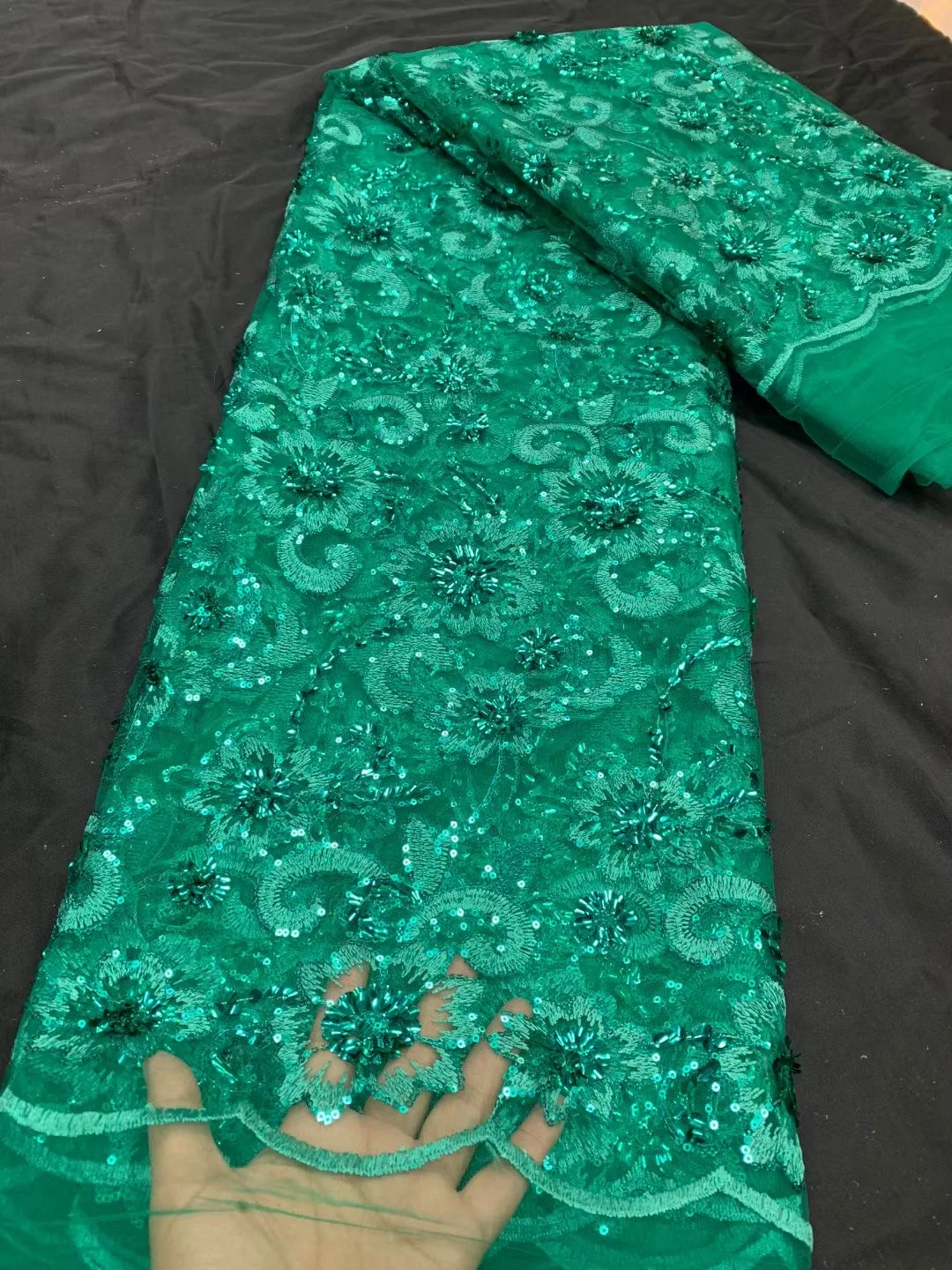 

Green American French Lace Sewing Asoebi Tulle Fabric Cloth With Sequins For Wedding Dress