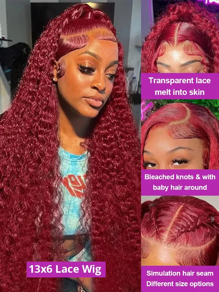 Deep Wave 99J Burgundy 13x6 Lace Frontal Wig Human Hair 13x4 Curly 30 36 Inch HD Transparent Lace Front Wigs Brazilian Red Wine