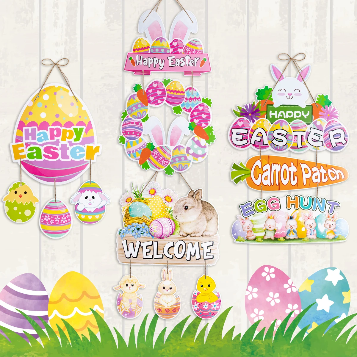 Happy Easter Party Welcome Sign Spring Easter Door Hanging Ornament Uovo Di Pasqua Coniglio Carota Pendenti Egg Hunt Sign Regalo Per Bambini