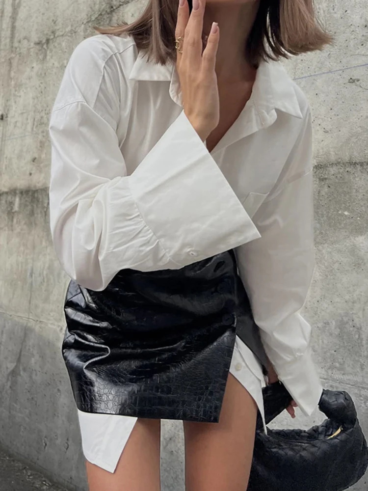 White Shirt Leather Skirt Sets Women Fashion Loose Long Sleeve Patchwork High Wasit Solid Office Lady Style Summer New