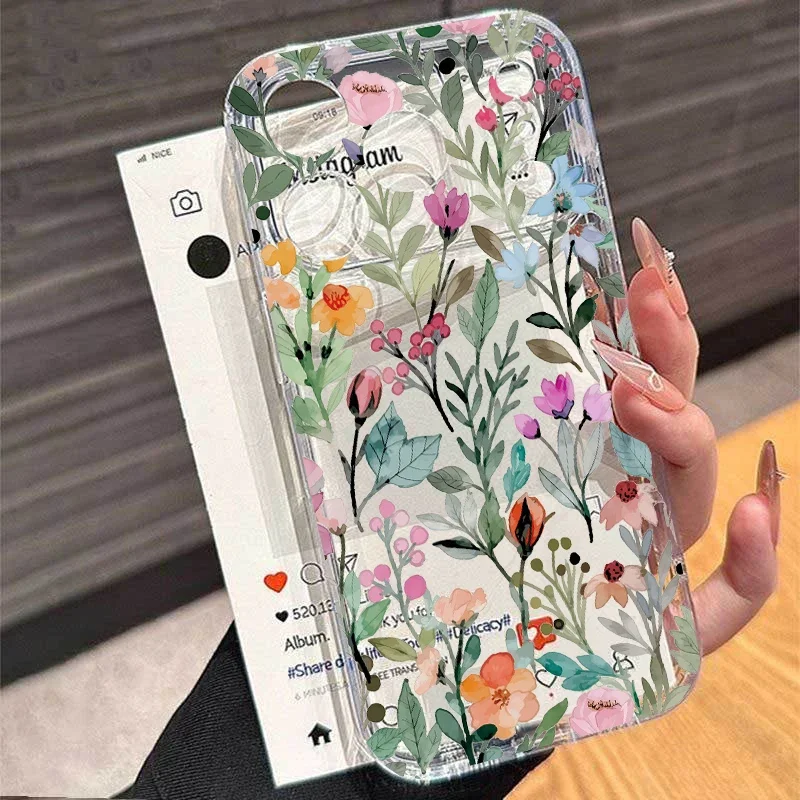 Elegant Clear Floral TPU Phone Case with Leaf Design