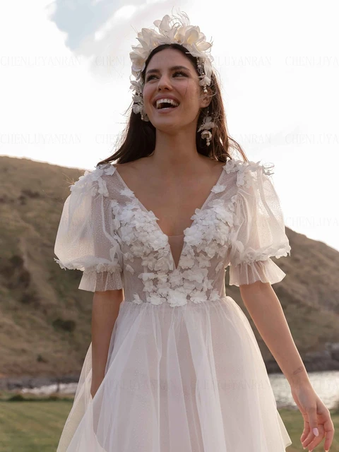 Boho Short Wedding Dress Lace Long Sleeve Strapless Bridal Gown