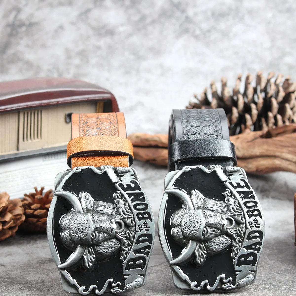 

Black faced Bull Demon King3.7cm wide men's and women's Western bull head denim style bull scalprendy belt smooth buckle